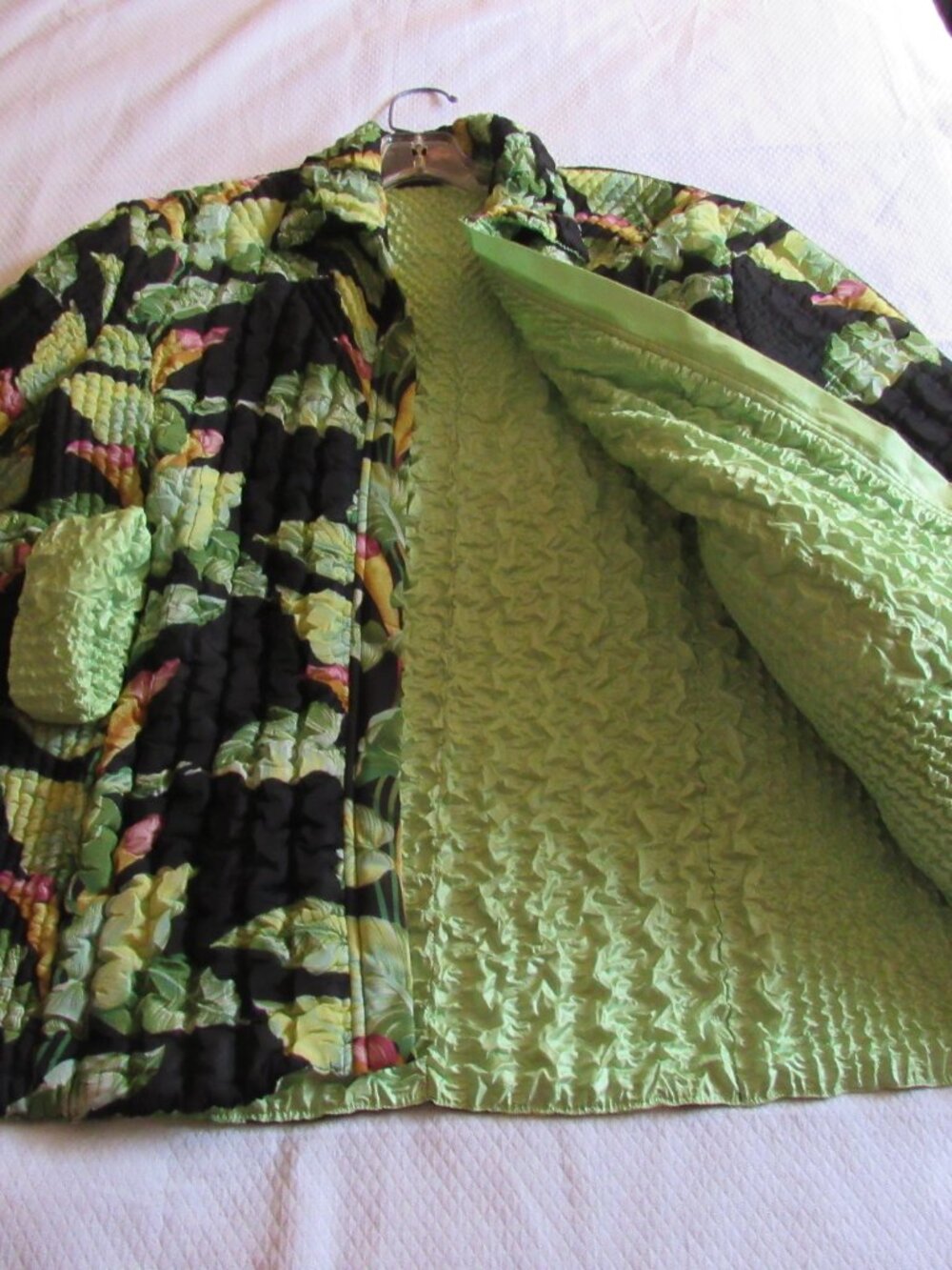 UBU Reversible Jacket Crinkle Puffer Quilted Green Floral Full Zip Large